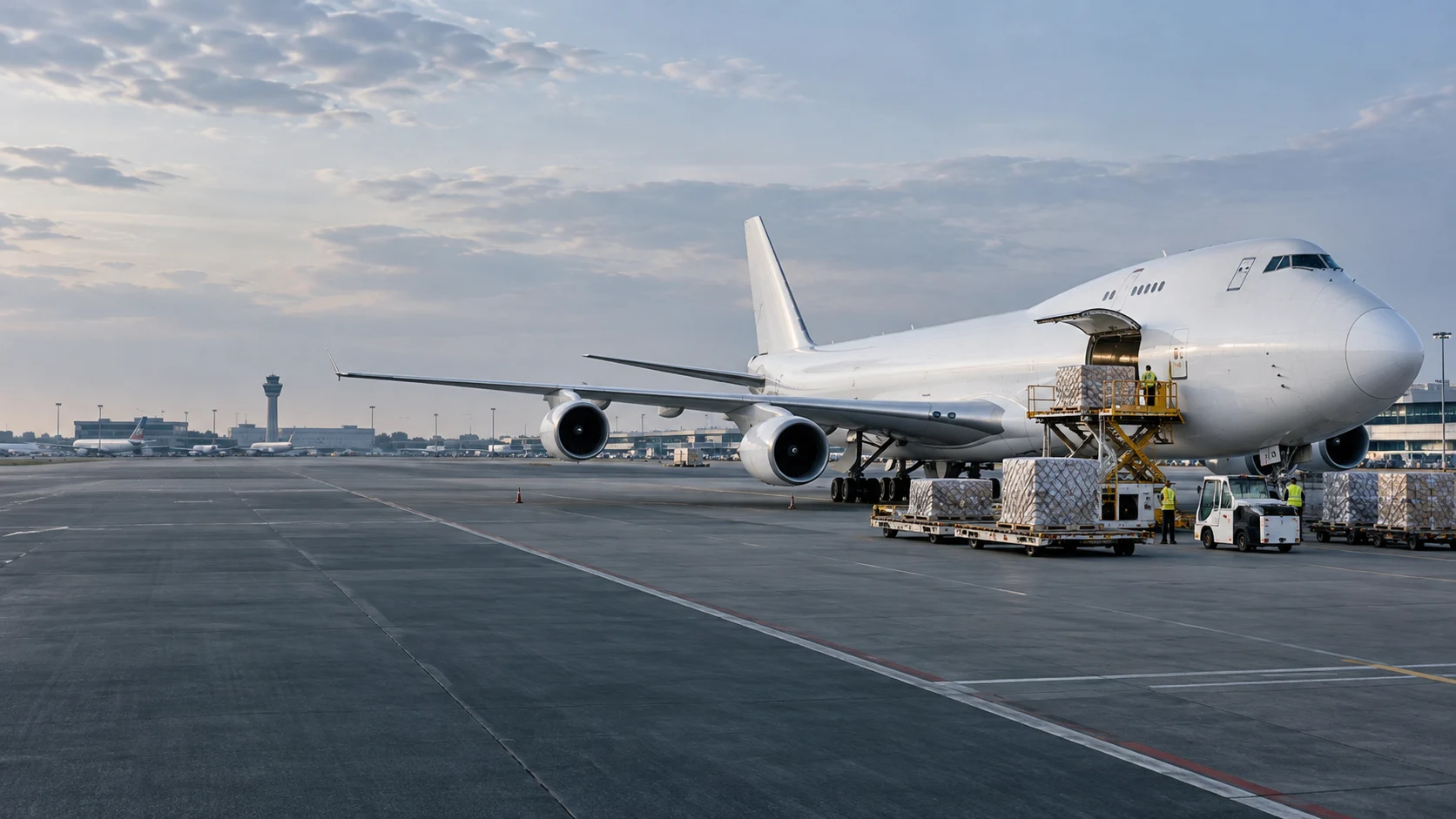 Temporary AI-generated illustration of cargo loading beside a freight aircraft; not DGA operations