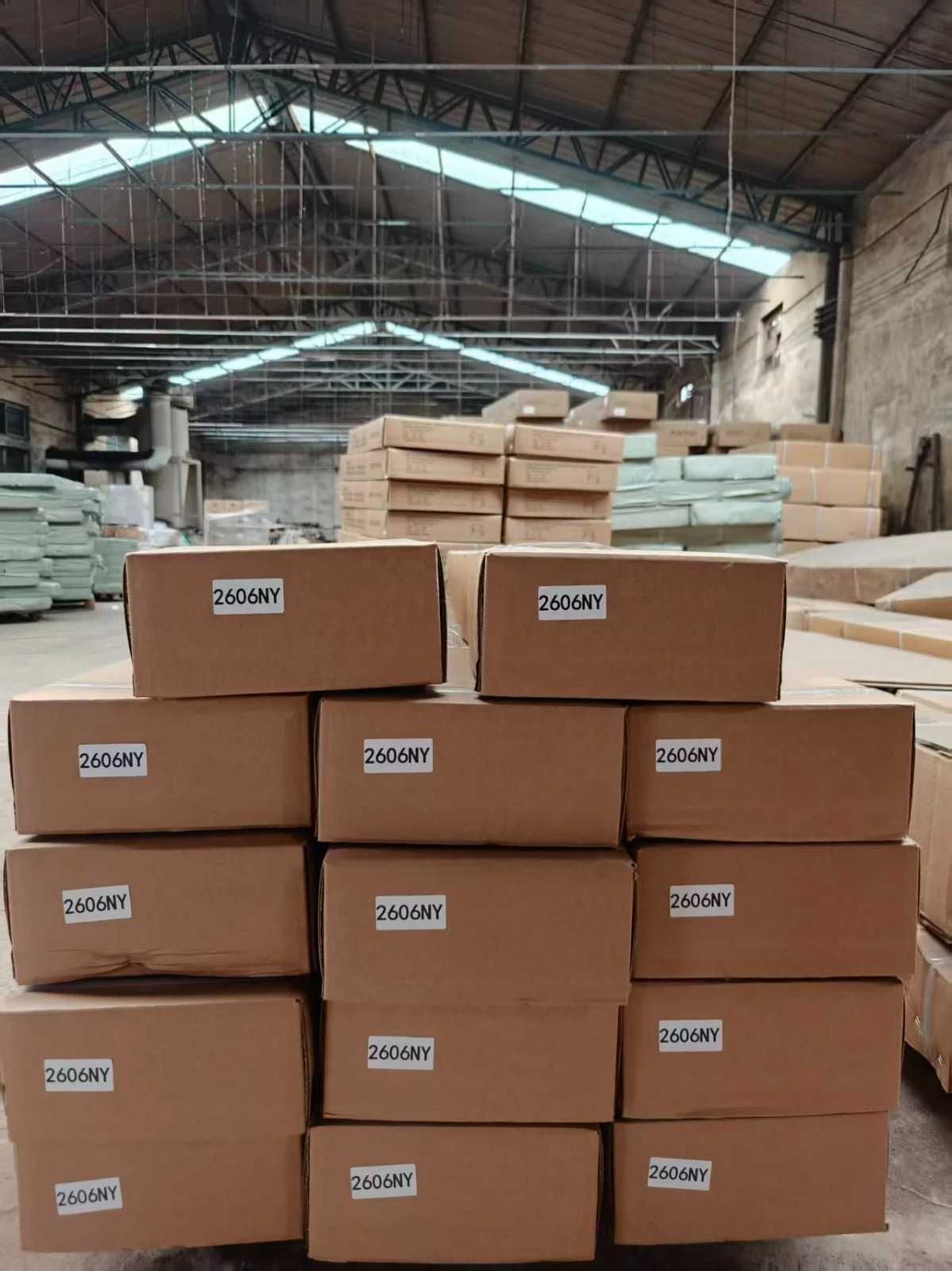 Stacked cargo cartons in a warehouse