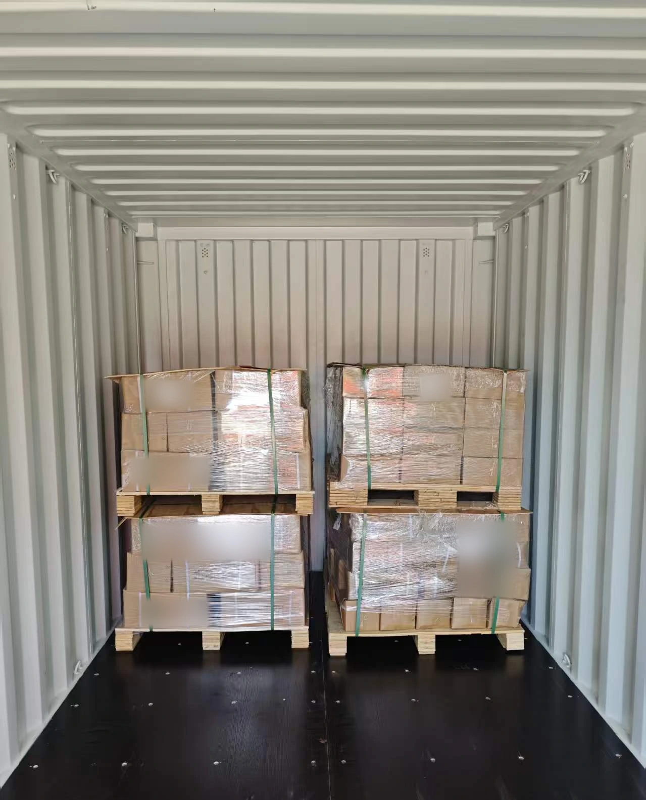 Wrapped pallet cargo loaded inside a shipping container